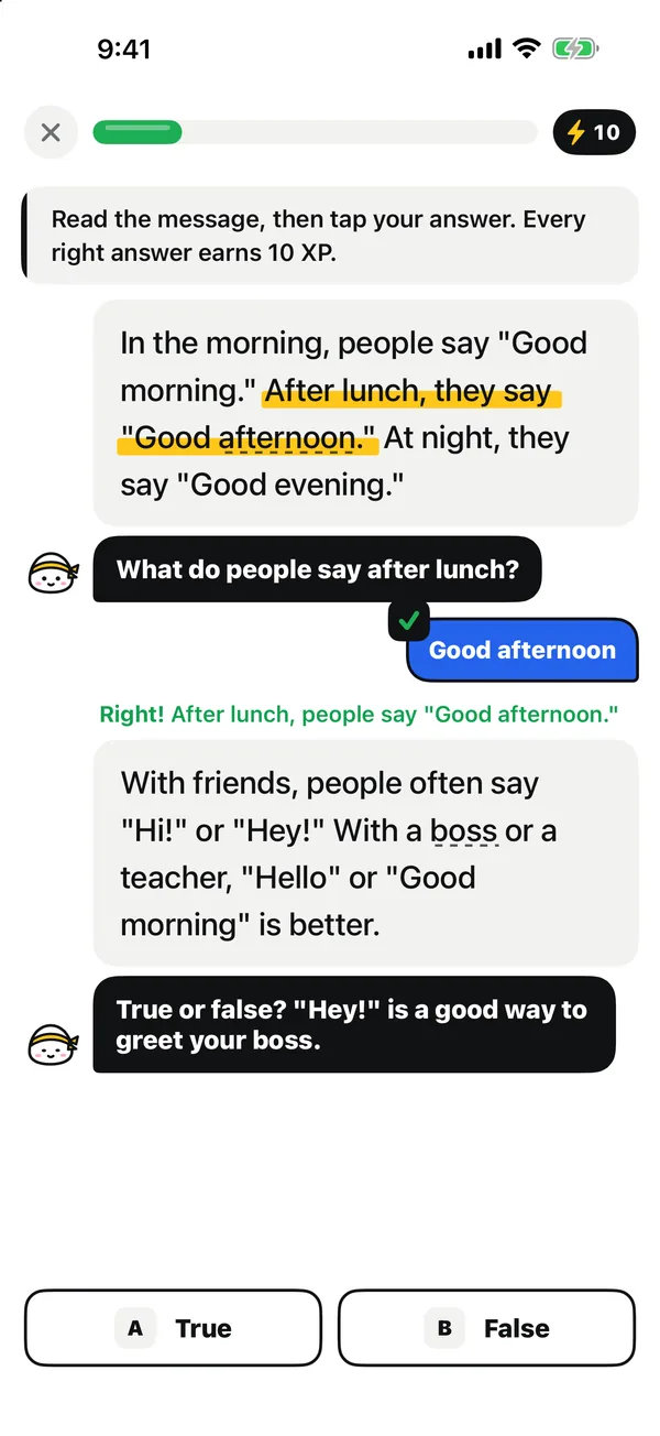 A lesson: a short text, Sensei's question and a right answer.