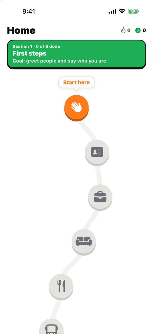 Home: the path, with Section 1, First steps, and lesson 1 marked Start here.