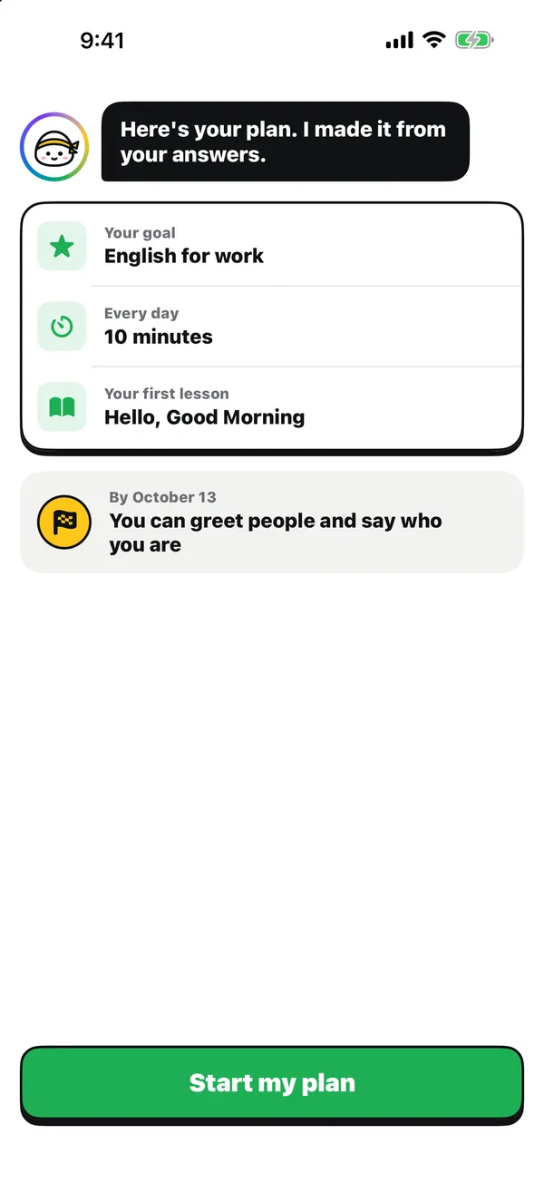 The plan Sensei makes from your answers: your goal, your minutes and your first lesson.