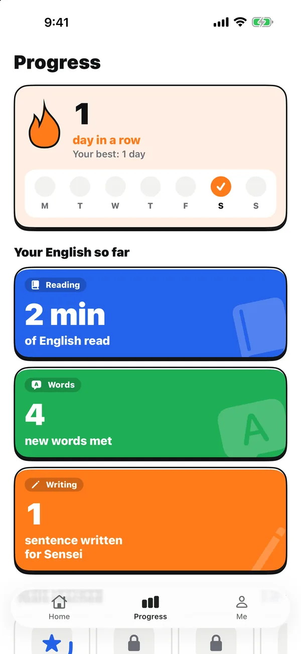 Progress: your streak, minutes read, new words and sentences written.