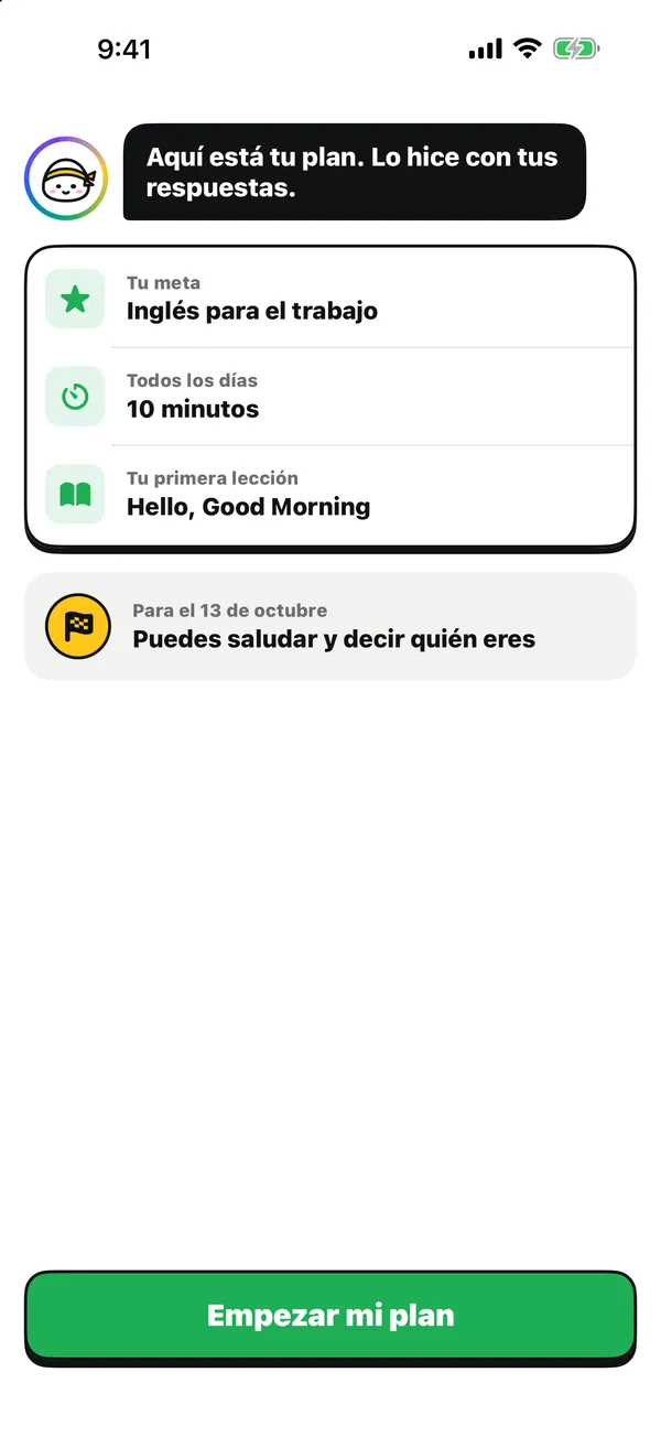 El plan que Sensei arma con tus respuestas: tu meta, tus minutos y tu primera lección.
