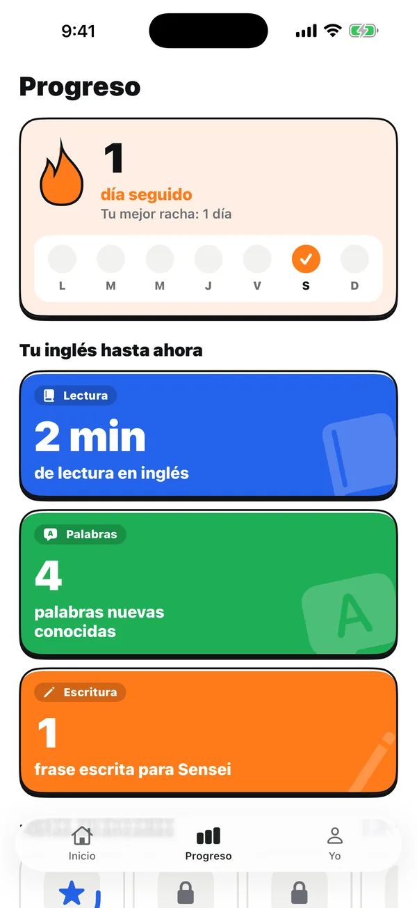 Progreso: tu racha, los minutos leídos, las palabras nuevas y las frases escritas.